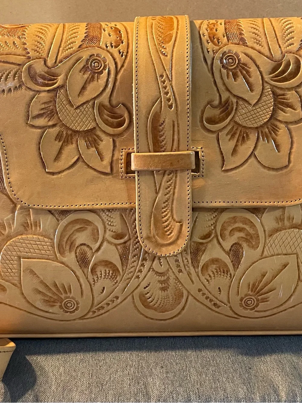 Pymsa Hand-Tooled Aztec Calendar & Floral Tan Leather Satchel made in Mexico